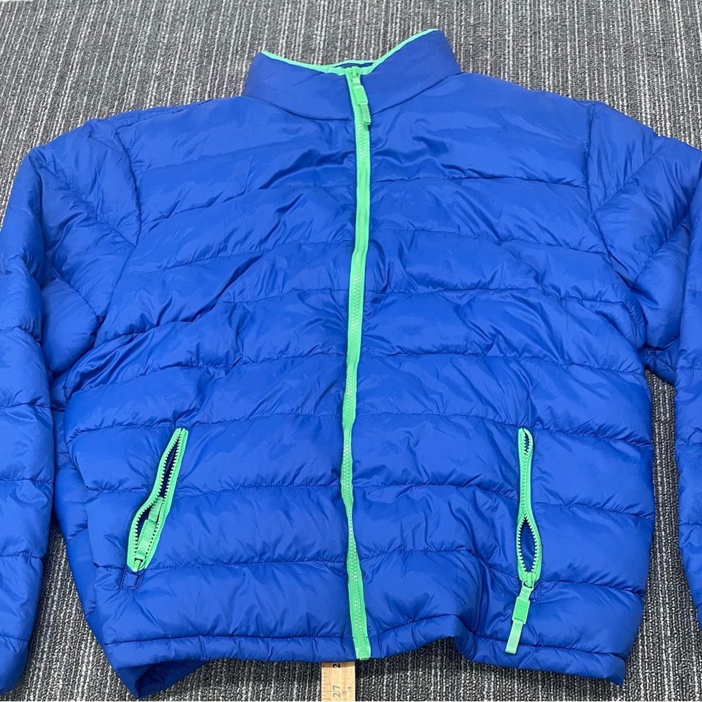 Fabletics Foldable Puffer Jacket Blue Puffer Jacket with Green Accents